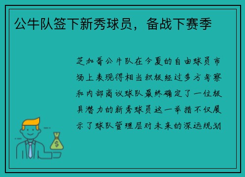 公牛队签下新秀球员，备战下赛季